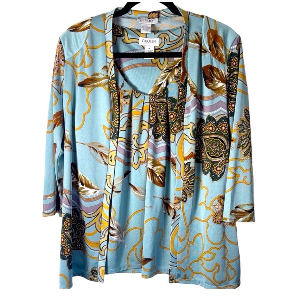 Carmen Marc Valvo Light Blue Floral Print Cardigan & Tank Set Size M